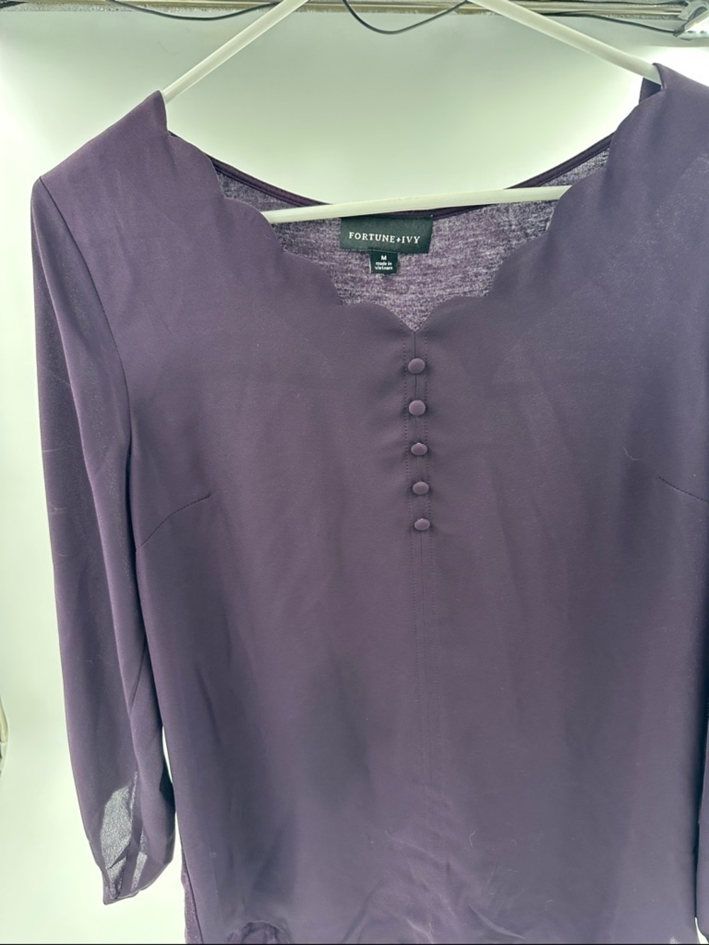 Fortune + Ivy Plum Scalloped Neck Button-Front Blouse
